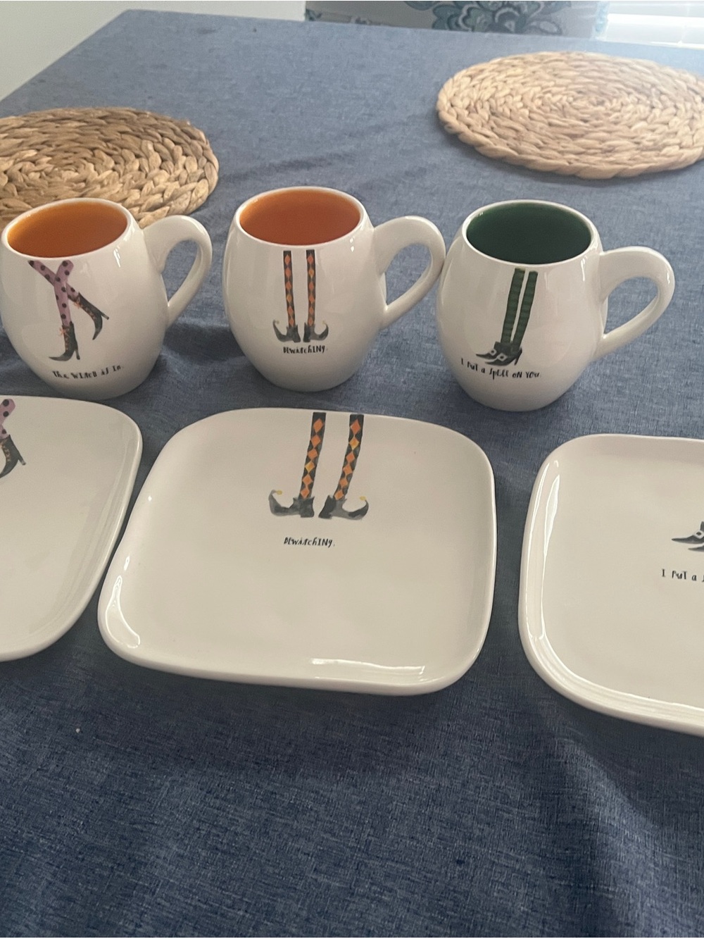 Rae Dunn Ceramic Mug and Dessert Plate Set with Green and Orange Interiors